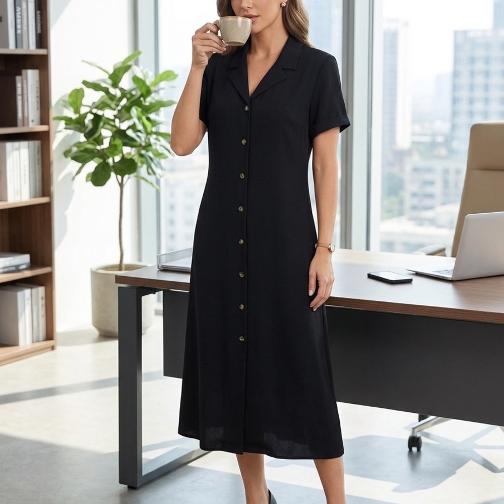 Talbots Size 14 Classic Black Button-Front Maxi  Dress